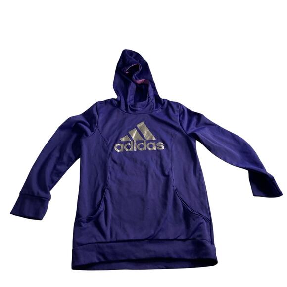 Adidas Purple Pullover Hoodie Girls Size M (10/12) Gold Logo Activewear - Picture 2 of 5
